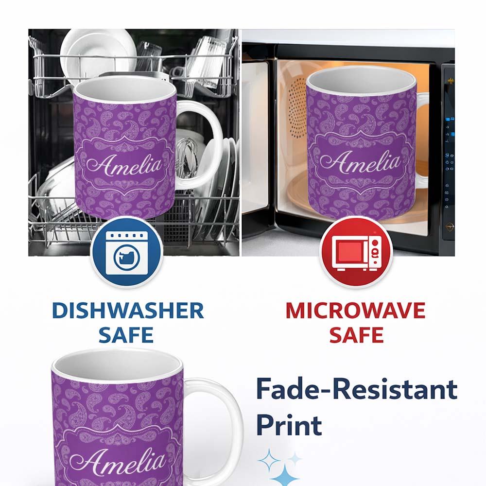 Personalized Custom Name Classic White Paisley Motif on Rich Violet Purple Background 11oz Ceramic Coffee Tea Mug White Large Handle