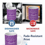 Personalized Custom Name Classic White Paisley Motif on Rich Violet Purple Background 11oz Ceramic Coffee Tea Mug White Large Handle