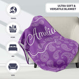 Classic White Paisley Motif on Rich Violet Purple Background  Personalised Custom Name Super Soft Fleece Blanket Bed Sofa Throw