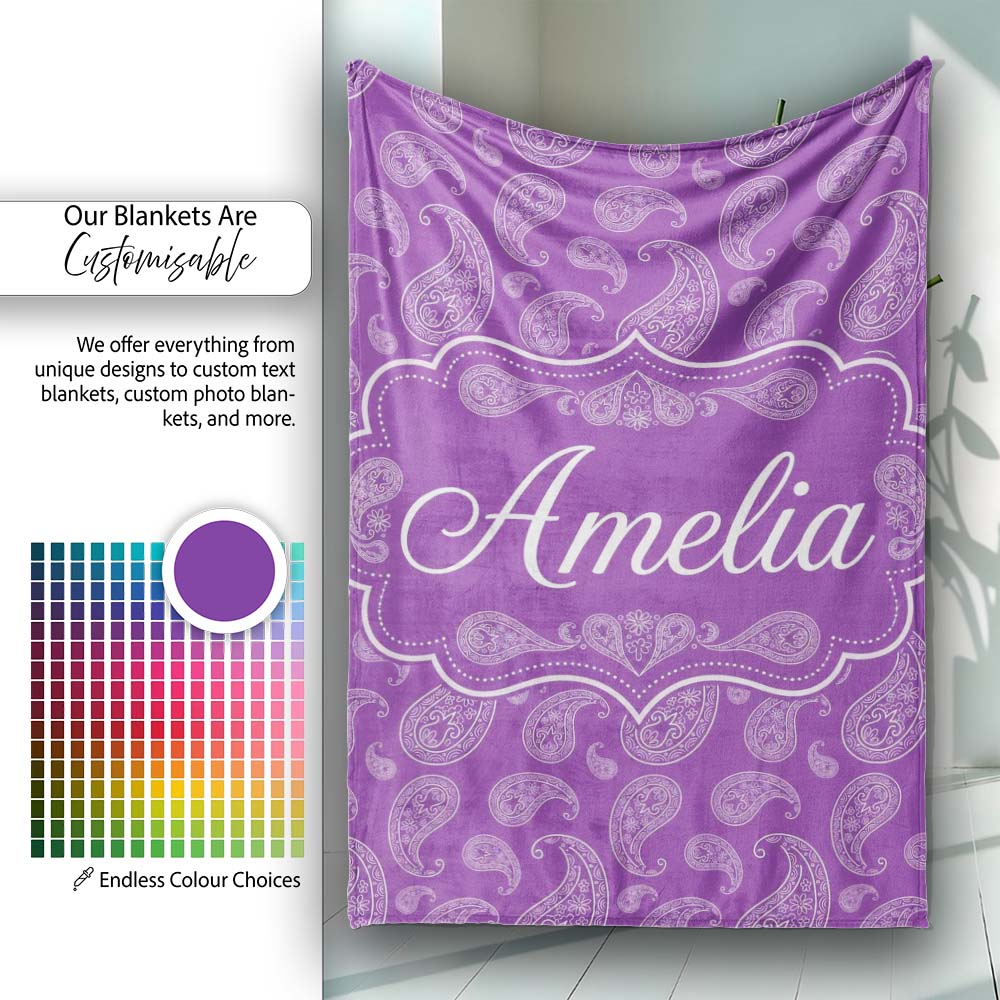 Classic White Paisley Motif on Rich Violet Purple Background  Personalised Custom Name Super Soft Fleece Blanket Bed Sofa Throw
