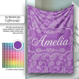 Classic White Paisley Motif on Rich Violet Purple Background  Personalised Custom Name Super Soft Fleece Blanket Bed Sofa Throw