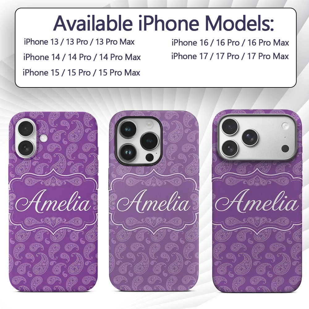 Classic White Paisley Motif on Rich Violet Purple Custom Name Protective Phone Case Mobile Cover Durable Everyday Smartphone Shock Resistant