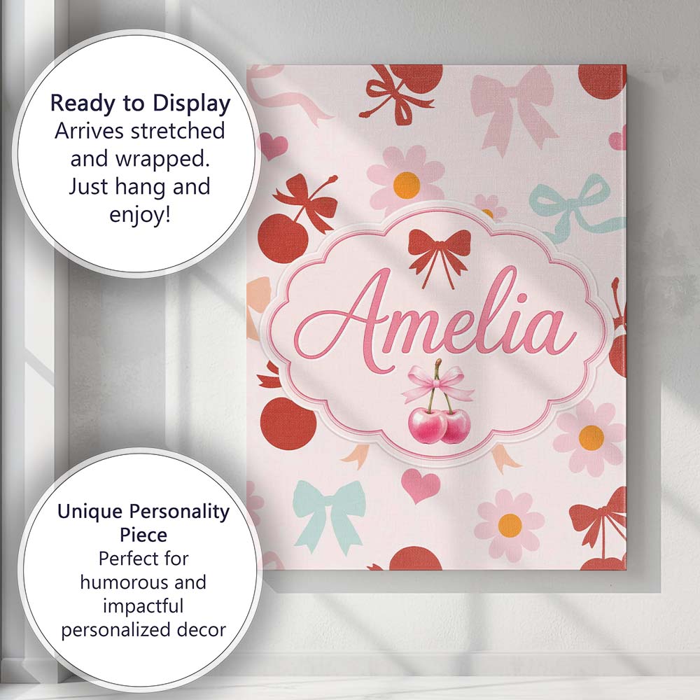 Personalised Name Cute Cherry Bow Daisy Floral Pastel Hearts and Custom  Interior Canvas Wall Art Print Decor Picture Ready to Hang