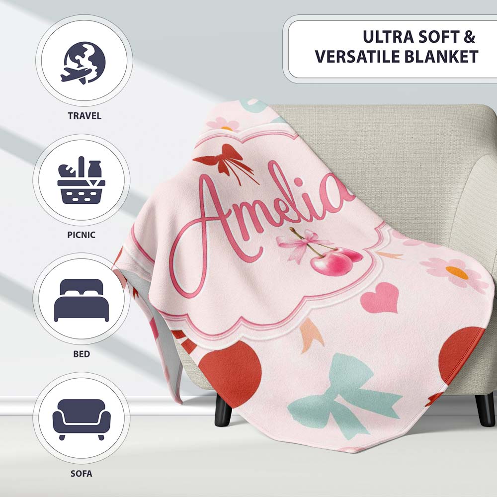 Cute Cherry Bow Daisy Floral Pastel Hearts and Flowers Background  Personalised Custom Name Super Soft Fleece Blanket Bed Sofa Throw