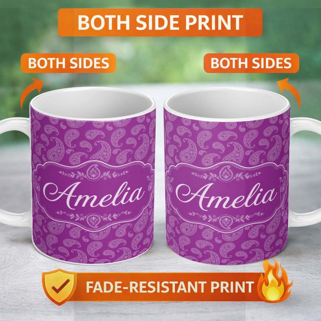 Personalized Custom Name Intricate White Paisley Design on Bold Magenta Purple Background 11oz Ceramic Coffee Tea Mug White Large Handle