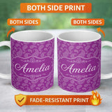 Personalized Custom Name Intricate White Paisley Design on Bold Magenta Purple Background 11oz Ceramic Coffee Tea Mug White Large Handle