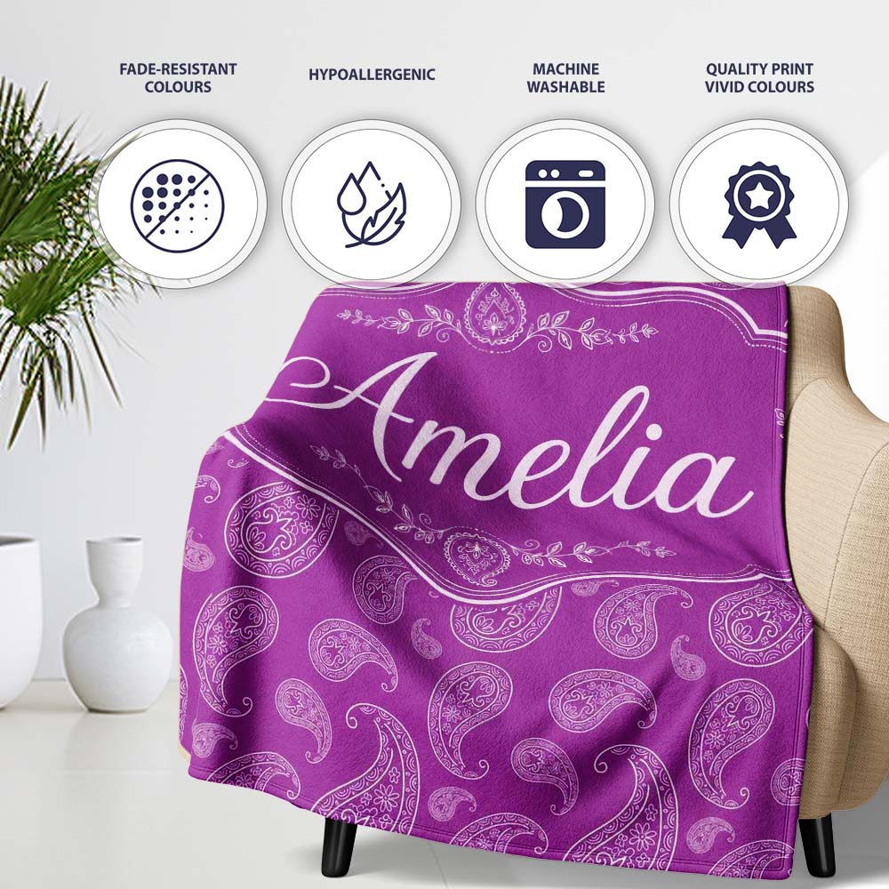 Intricate White Paisley Design on Bold Magenta Purple Background  Personalised Custom Name Super Soft Fleece Blanket Bed Sofa Throw