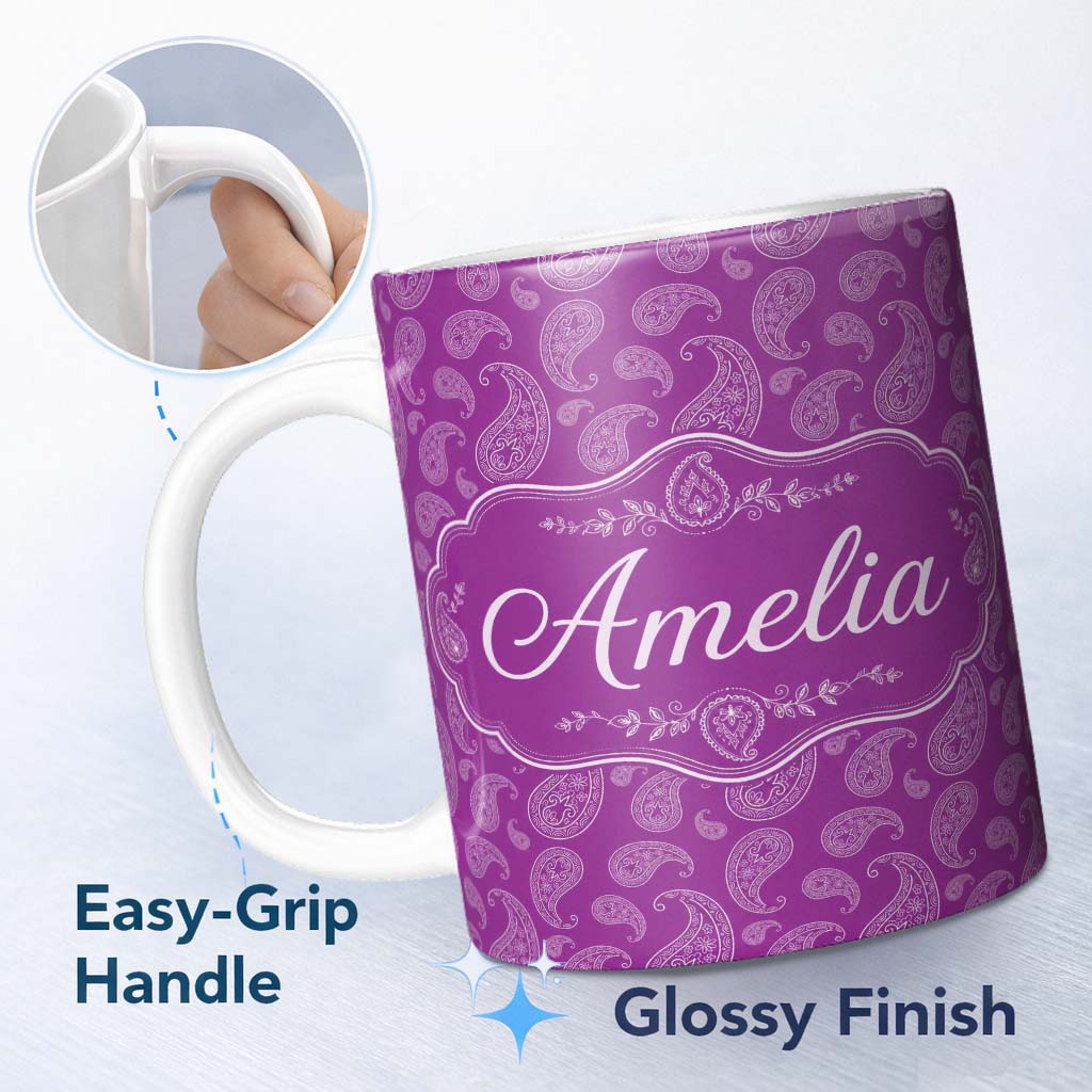 Personalized Custom Name Intricate White Paisley Design on Bold Magenta Purple Background 11oz Ceramic Coffee Tea Mug White Large Handle