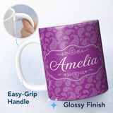 Personalized Custom Name Intricate White Paisley Design on Bold Magenta Purple Background 11oz Ceramic Coffee Tea Mug White Large Handle