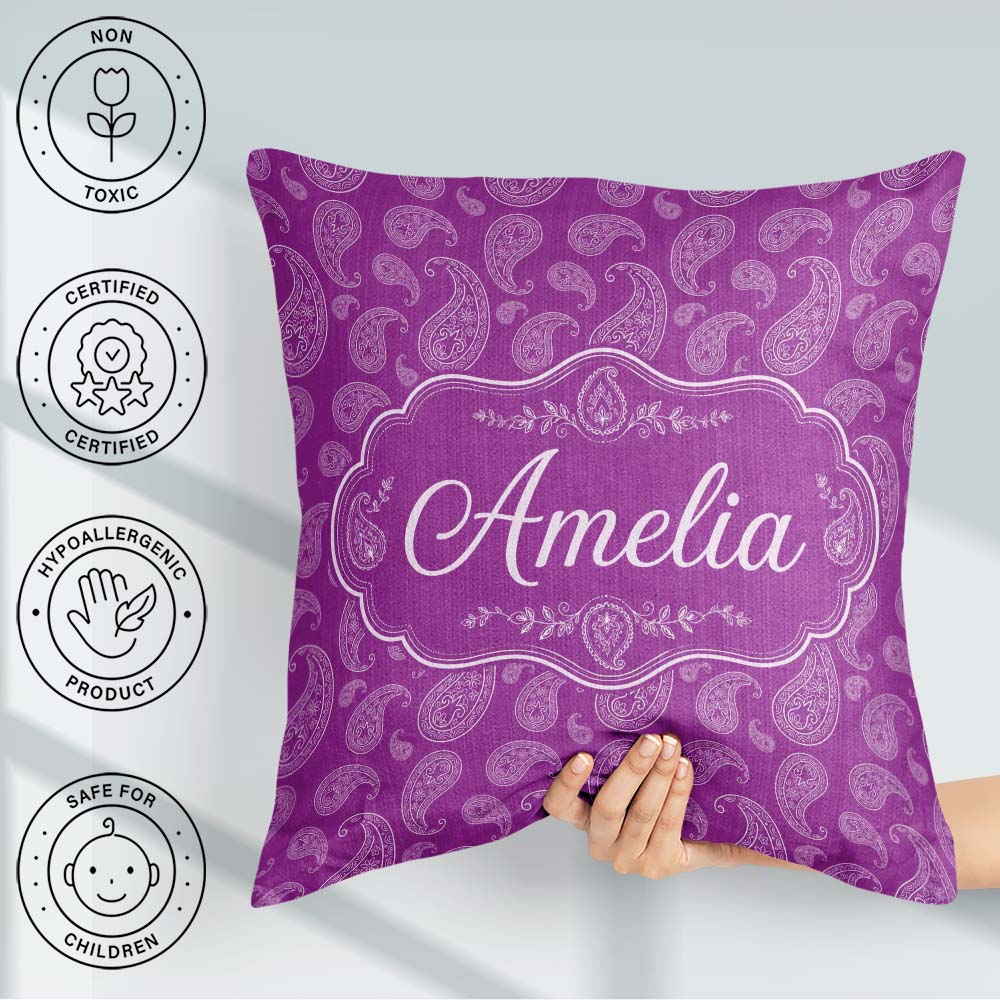 Custom Name Intricate White Paisley Design on Magenta Background Square Filled Cushion Throw Pillow Sofa Bed Home Decor Zip Washable UK Made