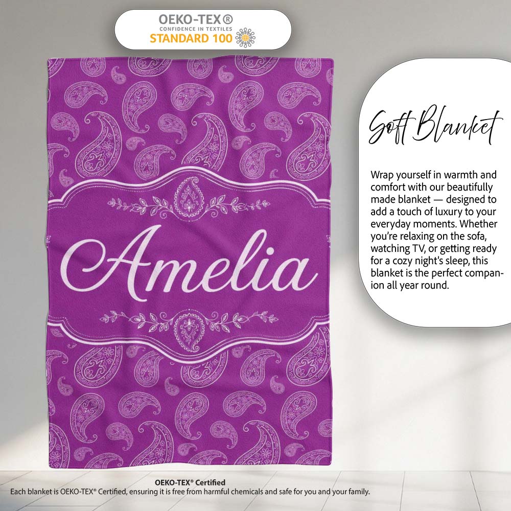 Intricate White Paisley Design on Bold Magenta Purple Background  Personalised Custom Name Super Soft Fleece Blanket Bed Sofa Throw
