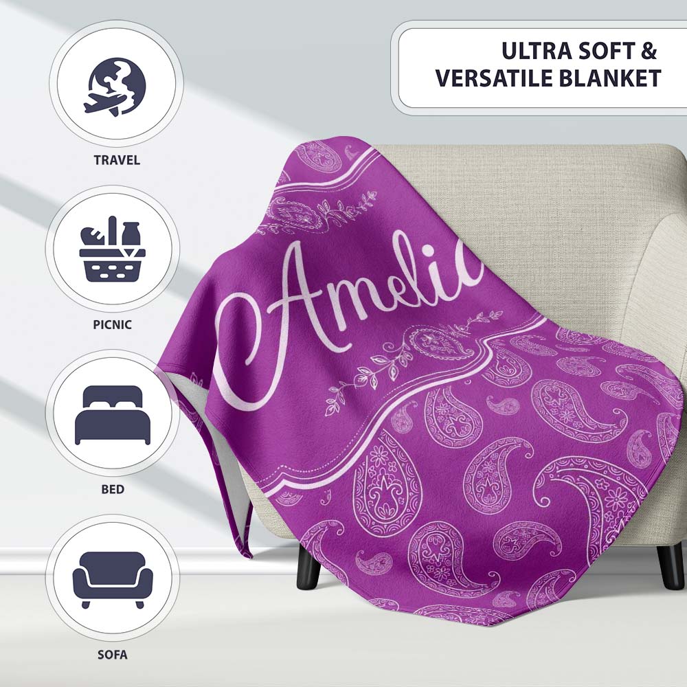 Intricate White Paisley Design on Bold Magenta Purple Background  Personalised Custom Name Super Soft Fleece Blanket Bed Sofa Throw