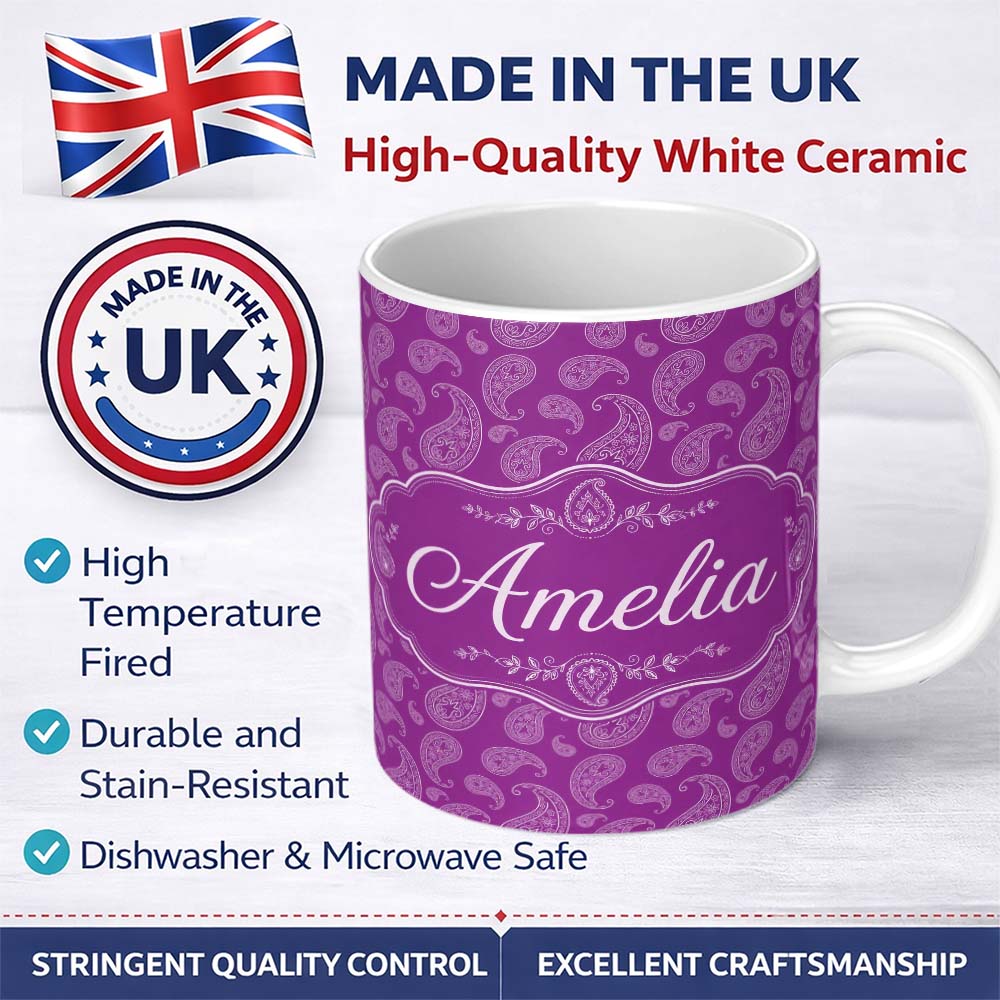 Personalized Custom Name Intricate White Paisley Design on Bold Magenta Purple Background 11oz Ceramic Coffee Tea Mug White Large Handle