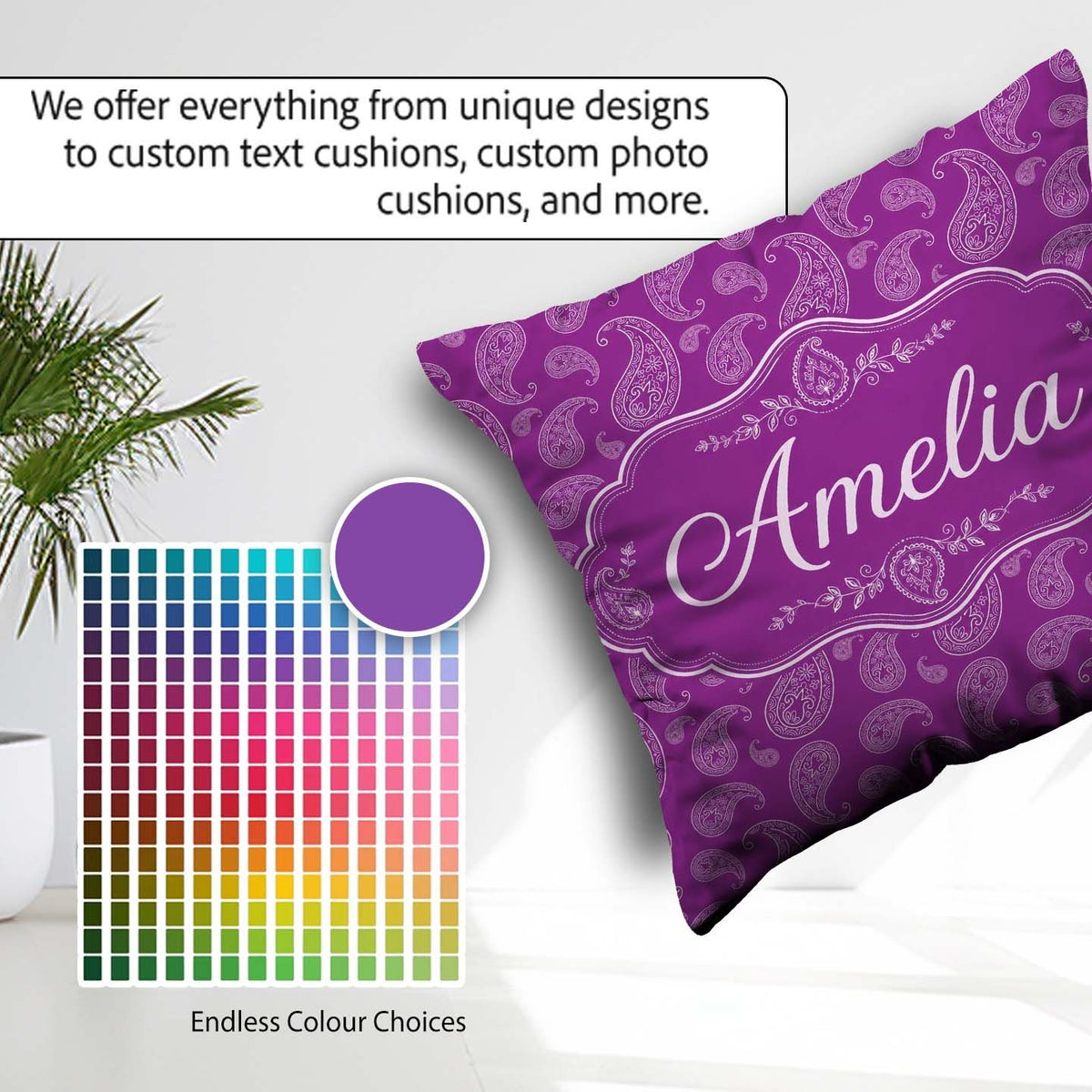 Custom Name Intricate White Paisley Design on Magenta Background Square Filled Cushion Throw Pillow Sofa Bed Home Decor Zip Washable UK Made