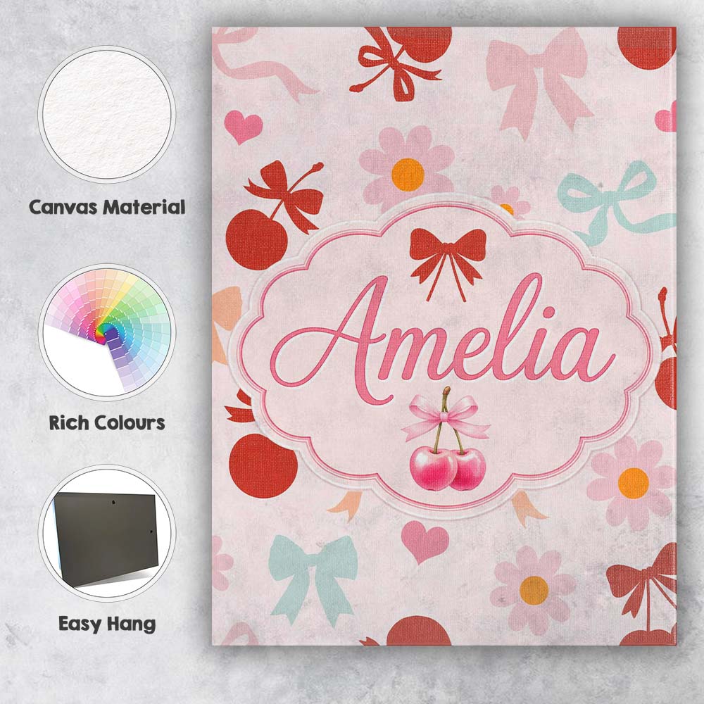 Personalised Name Cute Cherry Bow Daisy Floral Pastel Hearts and Custom  Interior Canvas Wall Art Print Decor Picture Ready to Hang