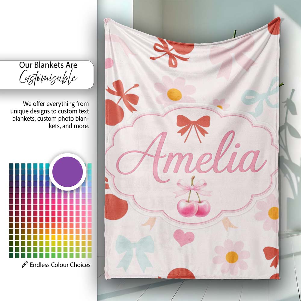 Cute Cherry Bow Daisy Floral Pastel Hearts and Flowers Background  Personalised Custom Name Super Soft Fleece Blanket Bed Sofa Throw