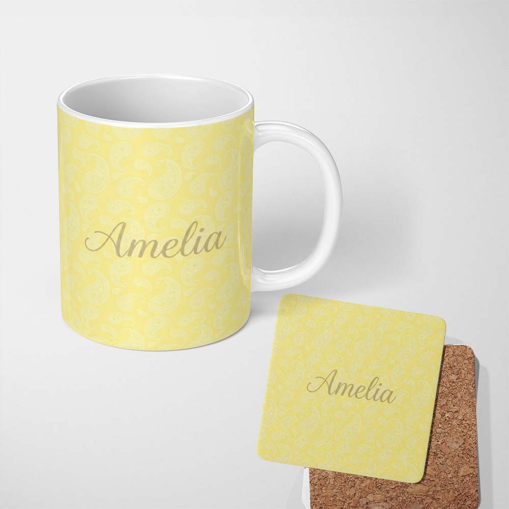 Personalized Custom Name Delicate White Paisley Pattern on Soft Yellow Gradient Background 11oz Ceramic Coffee Tea Mug White Large Handle