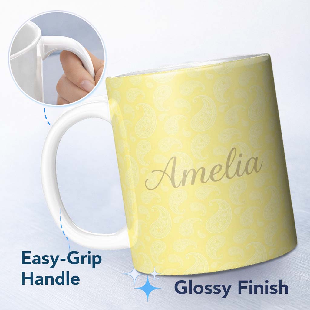 Personalized Custom Name Delicate White Paisley Pattern on Soft Yellow Gradient Background 11oz Ceramic Coffee Tea Mug White Large Handle