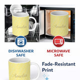 Personalized Custom Name Delicate White Paisley Pattern on Soft Yellow Gradient Background 11oz Ceramic Coffee Tea Mug White Large Handle