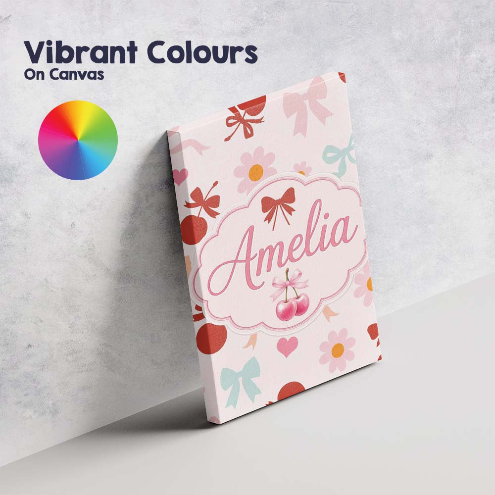 Personalised Name Cute Cherry Bow Daisy Floral Pastel Hearts and Custom  Interior Canvas Wall Art Print Decor Picture Ready to Hang