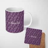 Personalized Custom Name Vintage White Paisley Floral Pattern on Dark Burgundy Purple 11oz Ceramic Coffee Tea Mug White Large Handle