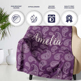 Vintage White Paisley Floral Pattern on Dark Burgundy Purple  Personalised Custom Name Super Soft Fleece Blanket Bed Sofa Throw