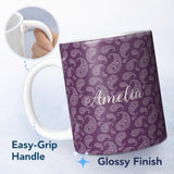 Personalized Custom Name Vintage White Paisley Floral Pattern on Dark Burgundy Purple 11oz Ceramic Coffee Tea Mug White Large Handle