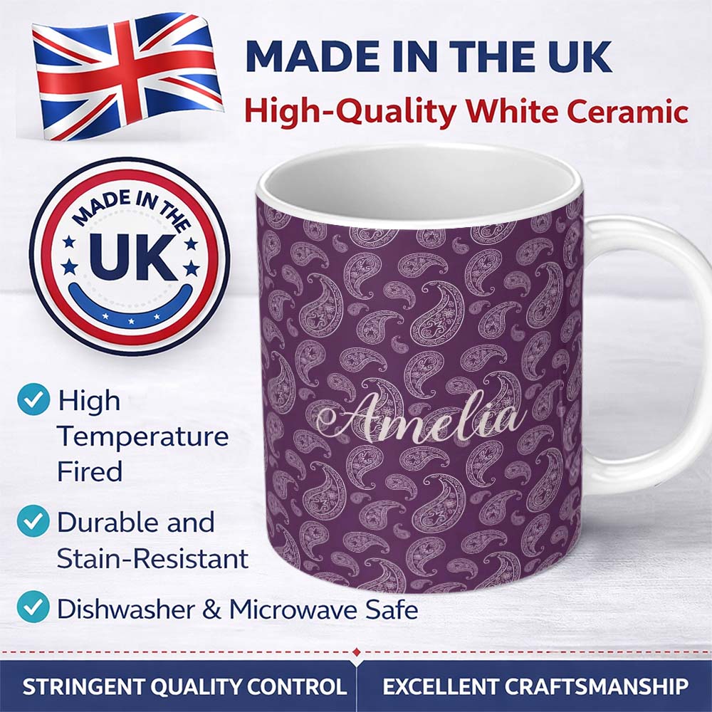 Personalized Custom Name Vintage White Paisley Floral Pattern on Dark Burgundy Purple 11oz Ceramic Coffee Tea Mug White Large Handle