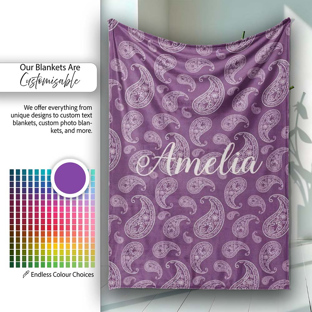 Vintage White Paisley Floral Pattern on Dark Burgundy Purple  Personalised Custom Name Super Soft Fleece Blanket Bed Sofa Throw