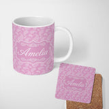 Personalized Custom Name Stylish White Paisley Motif on Blush Pink Gradient Background 11oz Ceramic Coffee Tea Mug White Large Handle