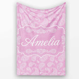 Stylish White Paisley Motif on Blush Pink Gradient Background  Personalised Custom Name Super Soft Fleece Blanket Bed Sofa Throw