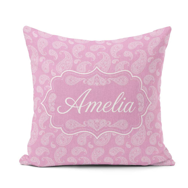 Custom Name Stylish White Paisley Motif on Blush Pink Background Square Filled Cushion Throw Pillow Sofa Bed Home Decor Zip Washable UK Made