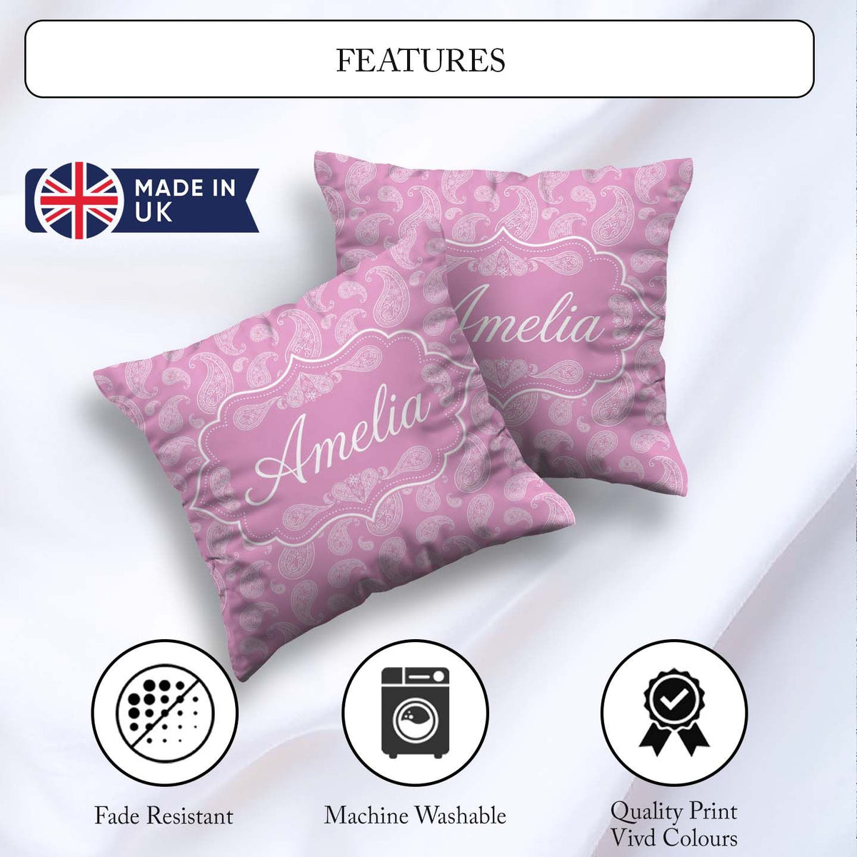 Custom Name Stylish White Paisley Motif on Blush Pink Background Square Filled Cushion Throw Pillow Sofa Bed Home Decor Zip Washable UK Made