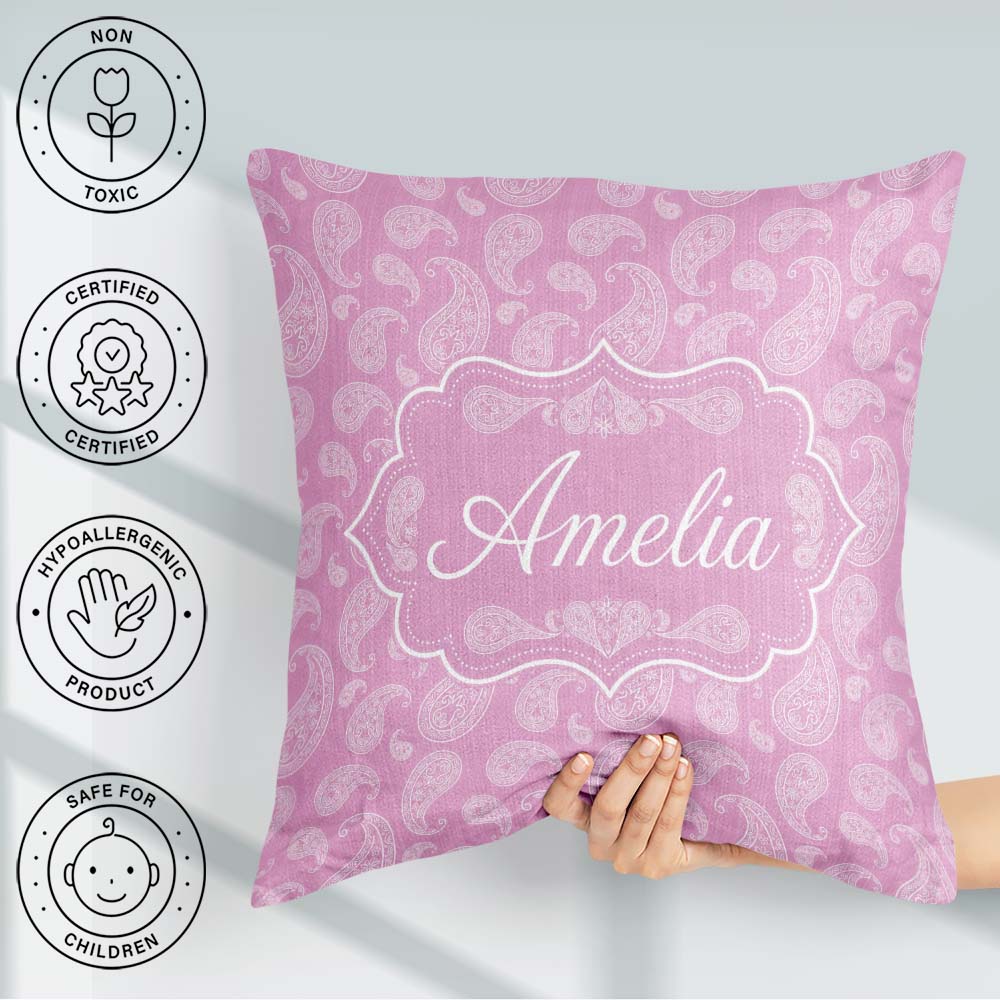 Custom Name Stylish White Paisley Motif on Blush Pink Background Square Filled Cushion Throw Pillow Sofa Bed Home Decor Zip Washable UK Made