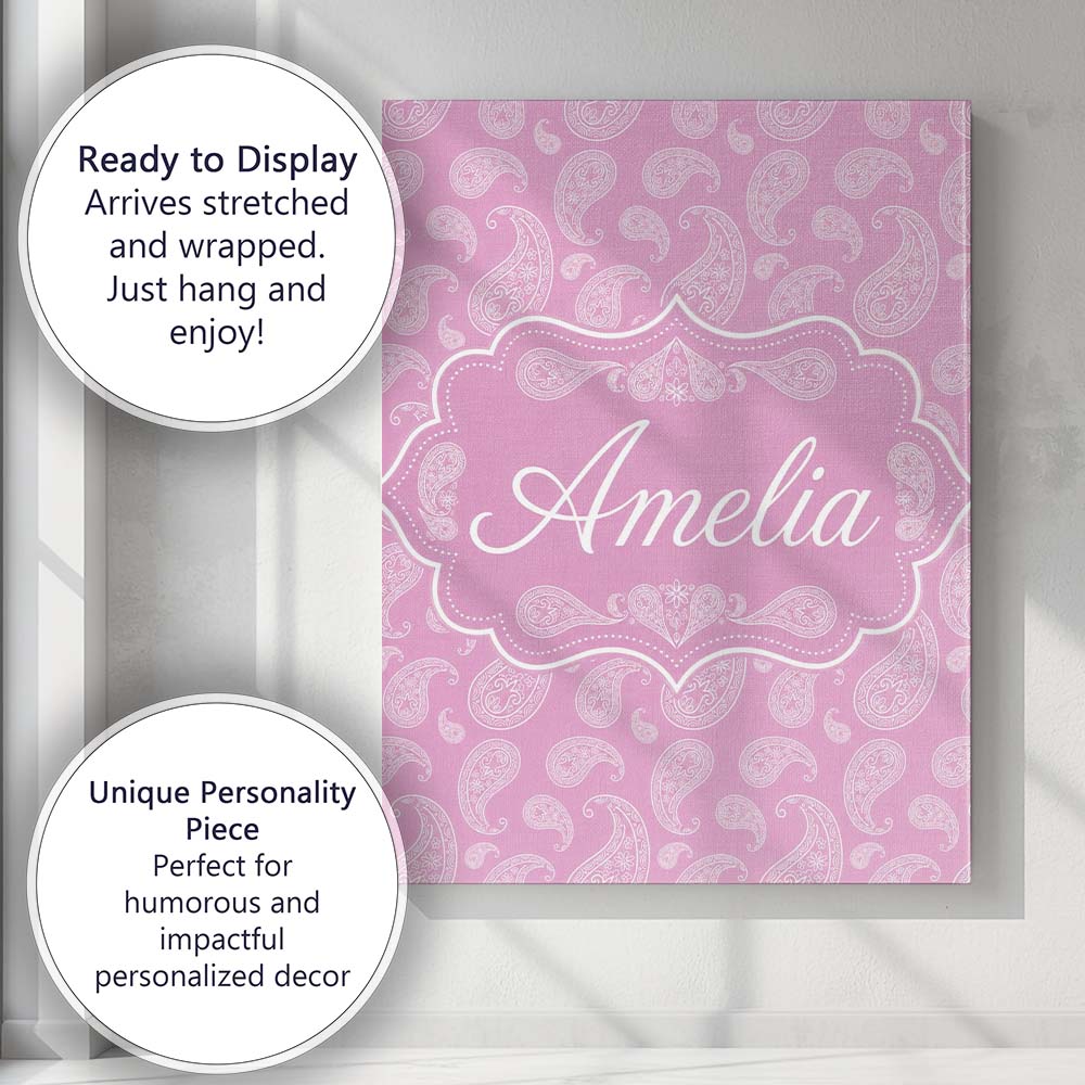 Personalised Name Stylish White Paisley Custom  Modern Room Accent Elegant Feature Canvas Wall Art Print Decor Picture Ready to Hang