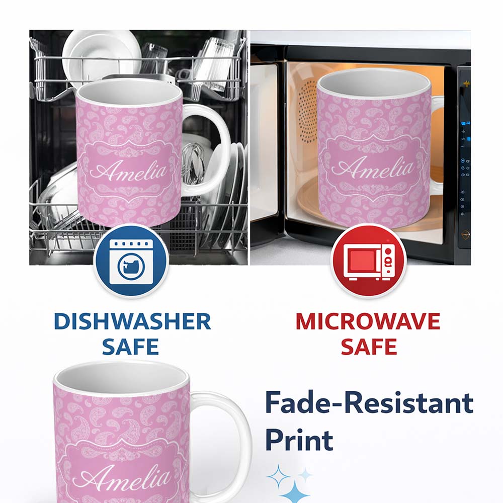 Personalized Custom Name Stylish White Paisley Motif on Blush Pink Gradient Background 11oz Ceramic Coffee Tea Mug White Large Handle