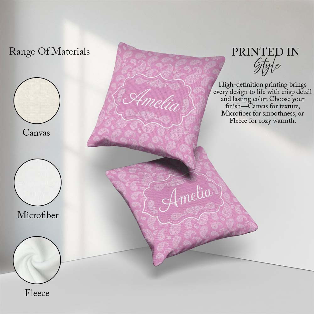 Custom Name Stylish White Paisley Motif on Blush Pink Background Square Filled Cushion Throw Pillow Sofa Bed Home Decor Zip Washable UK Made