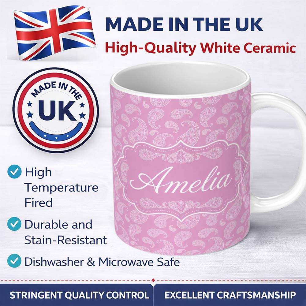 Personalized Custom Name Stylish White Paisley Motif on Blush Pink Gradient Background 11oz Ceramic Coffee Tea Mug White Large Handle