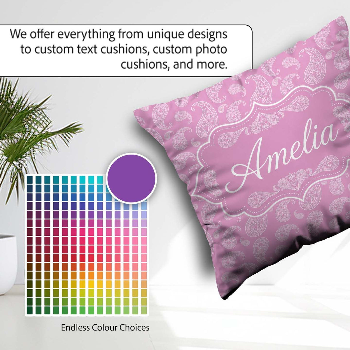Custom Name Stylish White Paisley Motif on Blush Pink Background Square Filled Cushion Throw Pillow Sofa Bed Home Decor Zip Washable UK Made