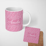 Personalized Custom Name Decorative White Paisley Pattern on Soft Rose Pink Background 11oz Ceramic Coffee Tea Mug White Large Handle