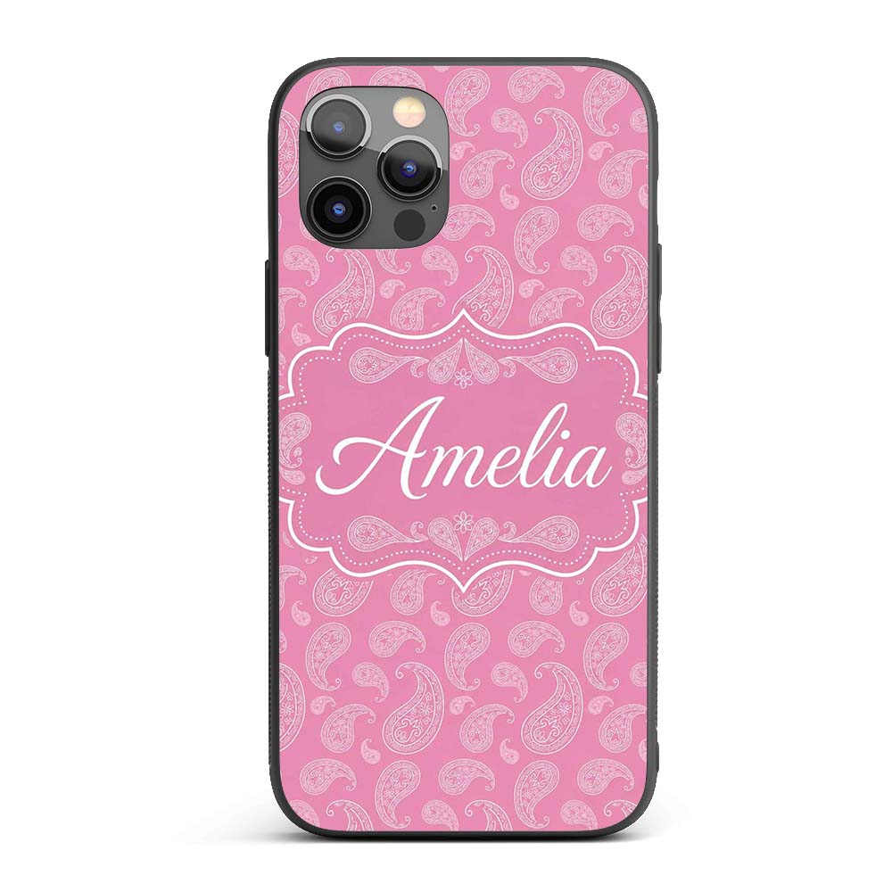 Decorative White Paisley Pattern on Soft Rose Custom Name Protective Phone Case Mobile Cover Durable Everyday Smartphone Shock Resistant