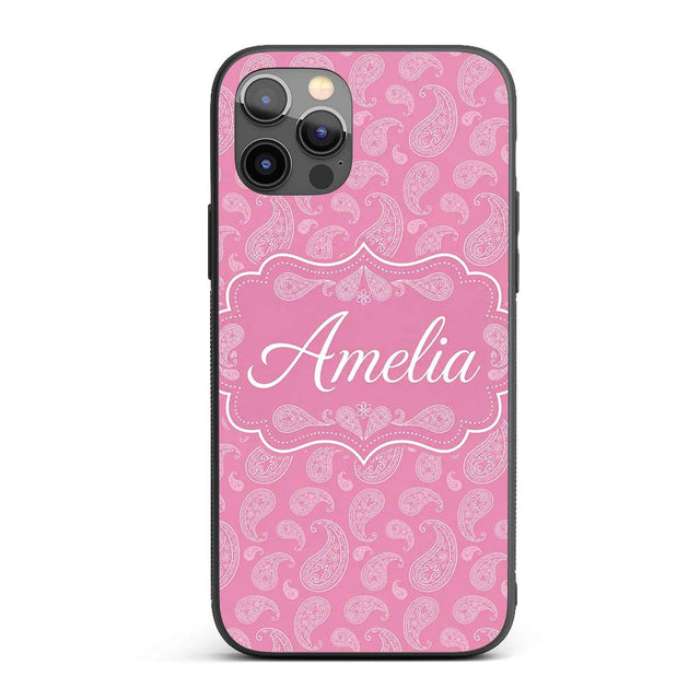 Decorative White Paisley Pattern on Soft Rose Custom Name Protective Phone Case Mobile Cover Durable Everyday Smartphone Shock Resistant