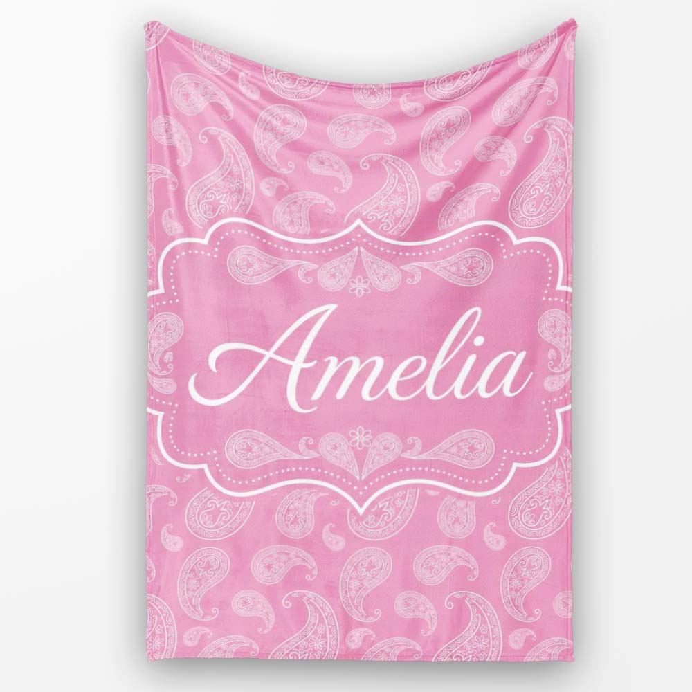 Decorative White Paisley Pattern on Soft Rose Pink Background  Personalised Custom Name Super Soft Fleece Blanket Bed Sofa Throw