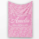 Decorative White Paisley Pattern on Soft Rose Pink Background  Personalised Custom Name Super Soft Fleece Blanket Bed Sofa Throw