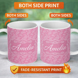 Personalized Custom Name Decorative White Paisley Pattern on Soft Rose Pink Background 11oz Ceramic Coffee Tea Mug White Large Handle