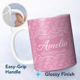 Personalized Custom Name Decorative White Paisley Pattern on Soft Rose Pink Background 11oz Ceramic Coffee Tea Mug White Large Handle