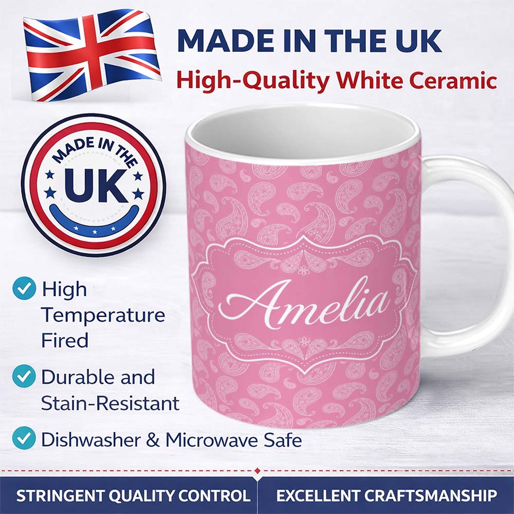 Personalized Custom Name Decorative White Paisley Pattern on Soft Rose Pink Background 11oz Ceramic Coffee Tea Mug White Large Handle
