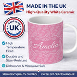 Personalized Custom Name Decorative White Paisley Pattern on Soft Rose Pink Background 11oz Ceramic Coffee Tea Mug White Large Handle
