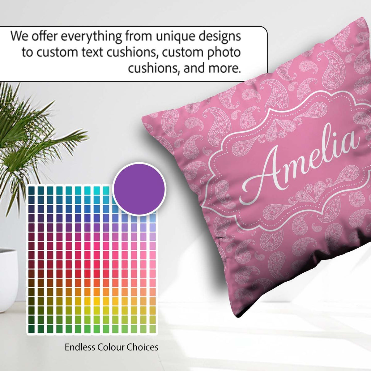 Custom Name Decorative White Paisley Pattern on Soft Rose Pink Square Filled Cushion Throw Pillow Sofa Bed Home Decor Zip Washable UK Made