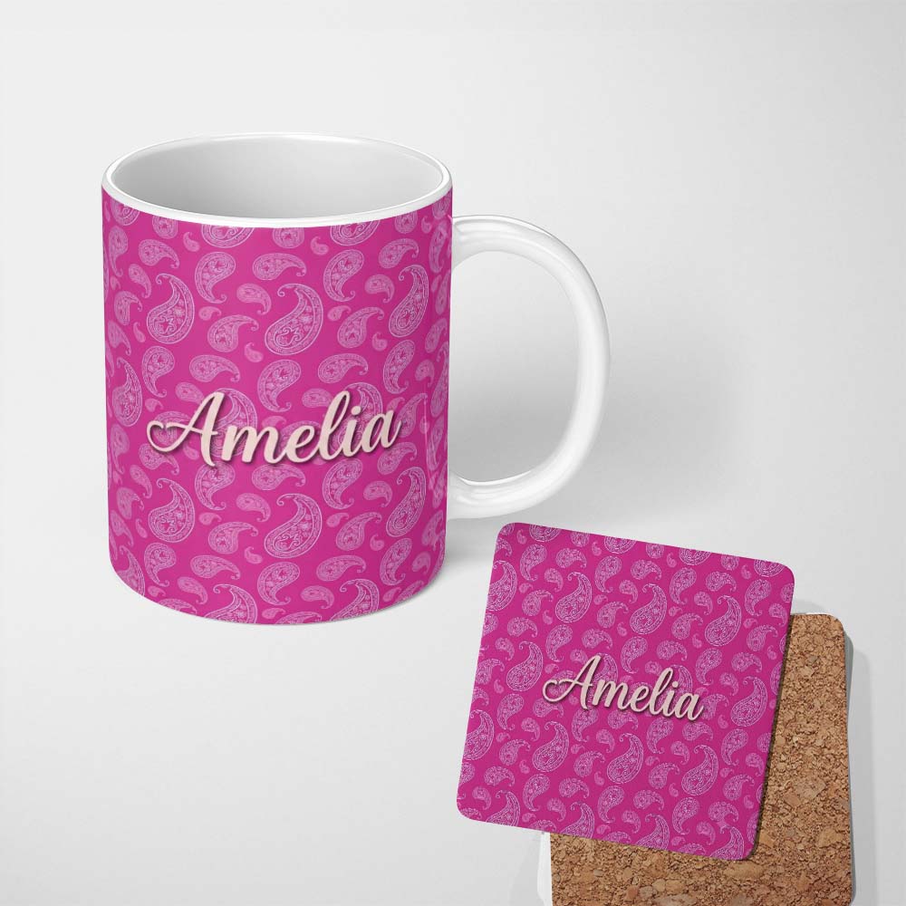 Personalized Custom Name Elegant White Paisley Floral Pattern on Bright Pink Gradient 11oz Ceramic Coffee Tea Mug White Large Handle